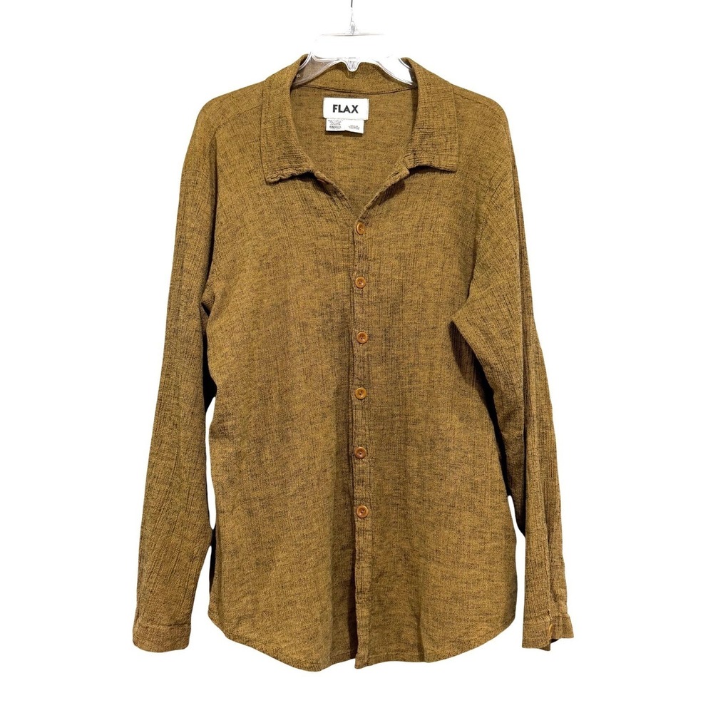 FLAX Cotton Linen Blend Button Down Shirt Mustard Ochre Textured Small